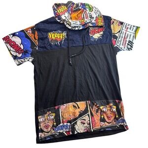 Encryptll Graphic Print Hoodie T‎ Shirt Black Comic Style Short Sleeve L